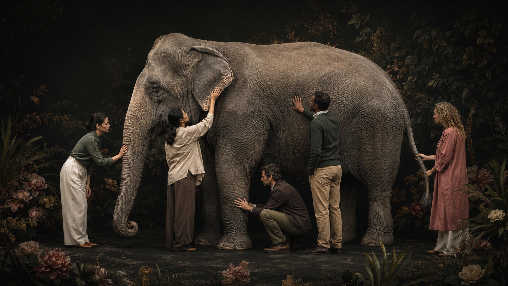 Several people examining different parts of the same elephant
